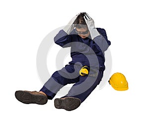 Worker in Mechanic Jumpsuit had an accident at work isolated on white background