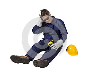 Worker in Mechanic Jumpsuit with helmet, earmuffs, Protective gloves and Safety goggles had an accident at work isolated on white