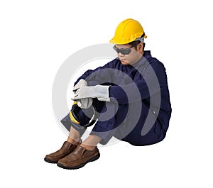 Worker in Mechanic Jumpsuit is Sitting isolated on white background