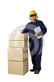 Worker in Mechanic Jumpsuit with stack of boxes and Checking Products isolated on white background