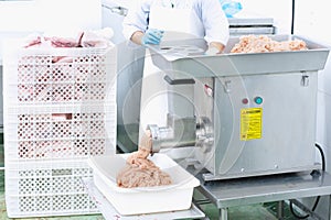 Worker mincing meat at butcher shop