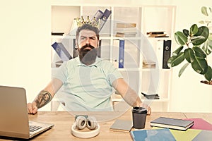 Worker of month. Office is my kingdom. King of office. Man bearded businessman wear golden crown. Top manager head