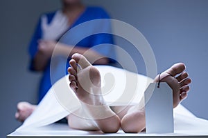 Worker of morgue during job photo