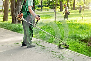 Worker mowing tall grass with electric or petrol lawn trimmer in city park or backyard. Gardening care tools and equipment.