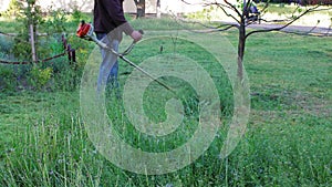 Worker mowing tall grass with electric or petrol lawn trimmer in city park or backyard. Gardening care tools and equipment.