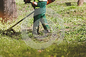 Worker mowing tall grass with  trimmer in city park