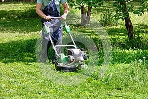 A worker mows a green lawn with a petrol mower in a spring garden