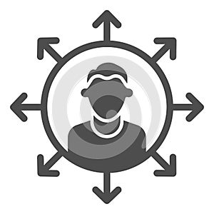 Worker multitasking solid icon. Finance efficient person with many arrows symbol, glyph style pictogram on white