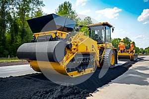 Worker operating asphalt paver machine finisher during road construction and repairing works. Neural network generated