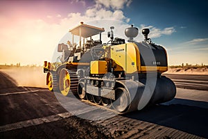 Worker operating asphalt paver machine finisher during road construction and repairing works. Neural network generated