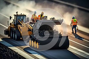 Worker operating asphalt paver machine finisher during road construction and repairing works. Neural network generated