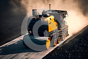 Worker operating asphalt paver machine finisher during road construction and repairing works. Neural network generated