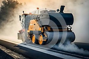 Worker operating asphalt paver machine finisher during road construction and repairing works. Neural network generated