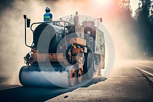 Worker operating asphalt paver machine finisher during road construction and repairing works. Neural network generated