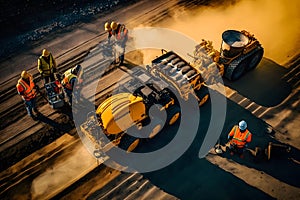 Worker operating asphalt paver machine finisher during road construction and repairing works. Neural network generated