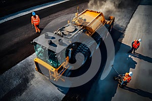Worker operating asphalt paver machine finisher during road construction. AI generative
