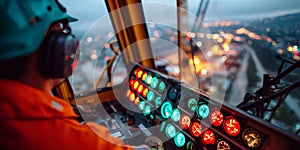A worker operating a crane at night with lights in the background