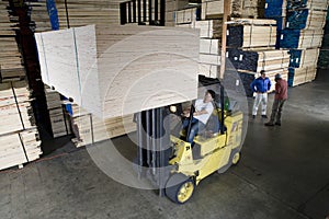 Worker Operating A Forklift Truck In Lumber Industry