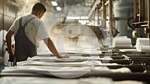 Worker operating industrial garment press in textile factory