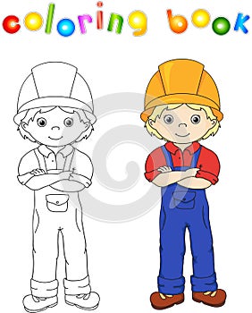 Worker in overalls and helmet. Coloring book. Game for children