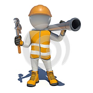 Worker in overalls holding wrench and sewer pipe