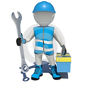 Worker in overalls holding wrench and tool box