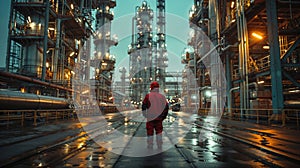 Worker overlooking illuminated industrial complex at dusk