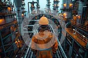 Worker overlooking industrial plant at night