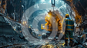 Worker overseeing a large drilling machine in a dark underground mine