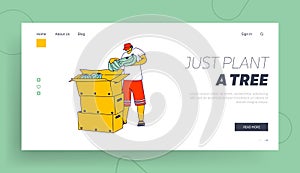 Worker Packing Banana on Plantation Landing Page Template. Labourer CharacterCare and Harvesting Fruits for Distribution