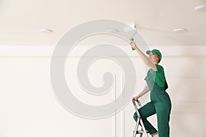 Worker painting ceiling with white dye, space for text