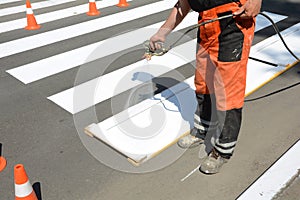 Worker is painting a pedestrian crosswalk. Technical road man worker painting and remarking pedestrian crossing lines on asphalt s