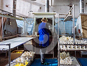 Worker is painting plastisol toys by paint sprayer in toy factory