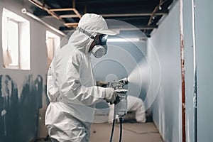 Worker painting wall with spray gun in white color. Generative AI