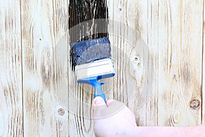 A worker painting a wooden wall. A man holding brush. A hand of worker painting wooden plank. A painter with paint brush