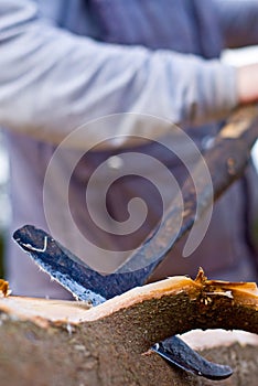 Worker Peeling Logs Outside