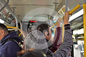 Worker People on Crowded MTA New York City Bus Transit Frustrated Passengers Delayed Service