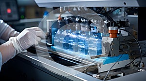 Worker on the PET bottle packaging and processing line on the beverage bottling line. Generative Ai