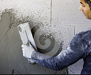 Plaster marble on interior plaster rough. Selective focus