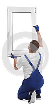 Worker with plastic window on white background, back view. Installation service