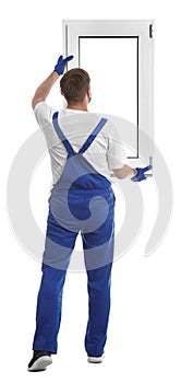Worker with plastic window on white background, back view. Installation service