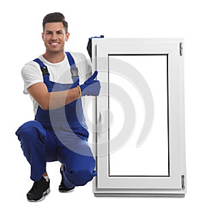 Worker with plastic window on white. Installation service