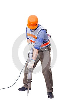 Worker with pneumatic hammer drill equipment isolated