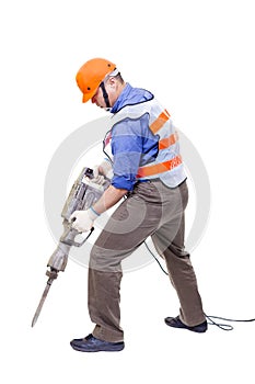 Worker with pneumatic hammer drill equipment photo