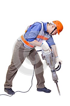 Worker with pneumatic hammer drill equipment isolated