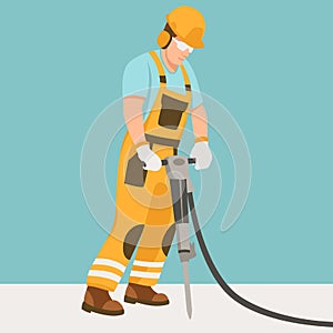 Worker with a pneumatic hammer vector illustration flat style profile