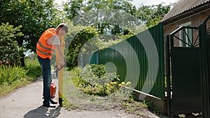 Worker prepare geodetic device for surveying