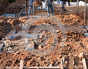 Worker prepare site for reinforcement metal formwork for concrete pouring