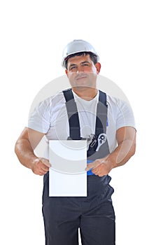 Worker presenting empty board
