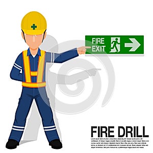 A worker is presenting the fire exit